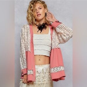 POL Guava Pink and White Lace Detail Shacket